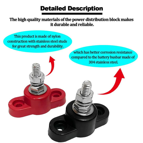 Sweet Two Piece Car Battery Junction Block With Solid Quarter Inch Terminals For 12V Rigs, nylon and stainless steel construction.
