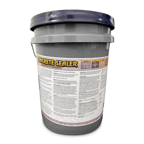 Heavy Duty Clear Acrylic Concrete Sealer For Driveways And Patios Fast Drying Waterproof Sealant For Stone And Exposed Aggregate Surfaces 4.75 Gallon Jug Size, grey bucket with label
