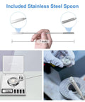 7-inch stainless steel scoop spoon for Digital Milligram Scale for ultra precise 50g capacity with 0.001g steps, spot on accuracy, tare function, auto off, six weighing units including g, oz, ozt, dwt, ct, gn, plus handy accessories for powder and lab use.