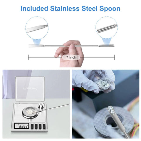 7-inch stainless steel scoop spoon for Digital Milligram Scale for ultra precise 50g capacity with 0.001g steps, spot on accuracy, tare function, auto off, six weighing units including g, oz, ozt, dwt, ct, gn, plus handy accessories for powder and lab use.