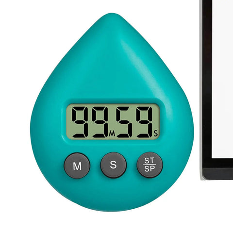 Teardrop-shaped waterproof digital timer with suction cup, LCD display, and buttons. Fits waterproof digital timer with suction cup loud alarm for kitchen cooking shower exercise and study LCD display countdown clock with easy start stop minute and second buttons for classroom office or home no fuss use description.