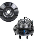 Front Wheel Bearing And Hub Assembly With ABS For 2007 Through 2013 Chevy Silverado Suburban 2500 3500 HD GMC Sierra 2500HD 3500HD Yukon XL 2500 And Hummer H2 8 Lug Pair Beefed Up For Tough Truck Duty showing front and side view.