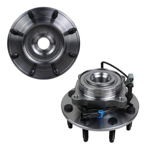 Front Wheel Bearing And Hub Assembly With ABS For 2007 Through 2013 Chevy Silverado Suburban 2500 3500 HD GMC Sierra 2500HD 3500HD Yukon XL 2500 And Hummer H2 8 Lug Pair Beefed Up For Tough Truck Duty showing front and side view.