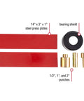 Beefy Heavy-Duty 6-Piece Press Punch Kit For 50-Ton Machines with steel plates, 1/2, 1, 2 inch punches, and bearing shield.