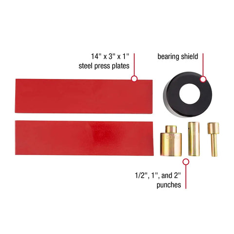 Beefy Heavy-Duty 6-Piece Press Punch Kit For 50-Ton Machines with steel plates, 1/2, 1, 2 inch punches, and bearing shield.