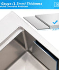 Corner view of 16 gauge stainless steel, Drop-In Bar Sink Workstation With Deep 10 Inch Single Bowl, showing thickness and durability.