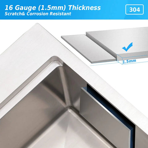 Corner view of 16 gauge stainless steel, Drop-In Bar Sink Workstation With Deep 10 Inch Single Bowl, showing thickness and durability.