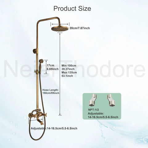 Antique Brass 8 Inch Shower Faucet System With Rainfall Shower Head Wall Mounted Dual Cross Handles Tub Spout Mixer