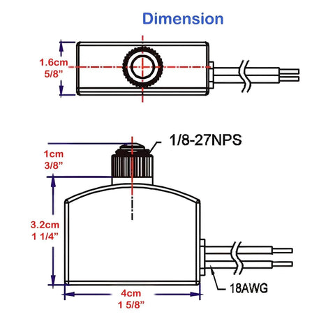 Technical dimensions of Outdoor And Indoor Dusk Till Dawn Light Switch with 125V 100W Photocell Sensor, two-wire installation.