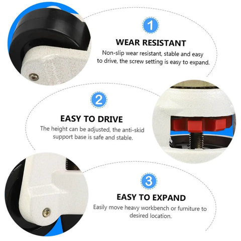 Built Tough Four Piece Heavy Duty Swivel Casters With Height Adjustable Leveling Brackets showing wear resistant nylon roller detail.