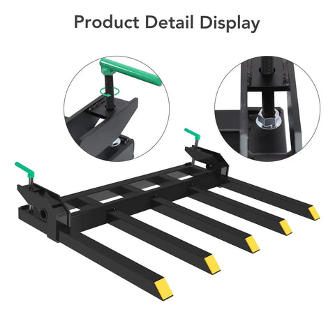 Beefy Heavy Duty Clamp On Pallet Forks Attachment detail showing adjustable clamps for Skid Steer Loaders Up To 2500 Lbs Capacity