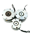 Set of three compact metal electromagnetic holding brake servo motors with wired leads, front view.
