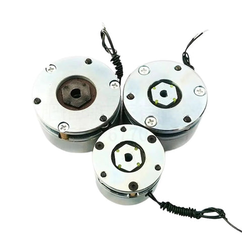 Set of three compact metal electromagnetic holding brake servo motors with wired leads, front view.