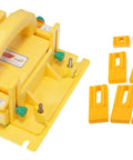 Grr Ripper Pro And Gravity Heel Kit Ultimate 3D Pushblock For Table Saw with yellow stabilizer and accessories laid out.