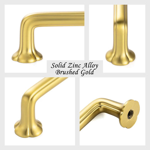 Brushed Gold Cabinet Pulls 10 Pack 3.75 Inch Hole Centers Heavy Duty Metal Handles With Easy Install Screws For Cabinets Drawers Dressers Closets And Vanities Rust Resistant Clover Design close-up view