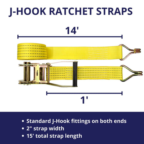 Heavy Duty Ratchet Tie Down Straps 2 Inch By 15 Foot, 5,000 Pound Break Strength, J Hook, 6 Pack, yellow strap and metal hardware