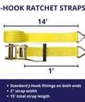 Beefy Heavy Duty Ratchet Tie Down Straps 2 Inch By 15 Foot Set, 5,000 Pound Breaking Strength, J Hook, 4 Pack shown flat