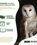 Barn owl with educational text for Owl Pellet Dissection Kit, highlighting USA sourcing and classroom learning benefits.