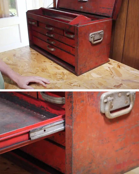 Vintage toolbox with open drawers and close-up of handle, showcasing fit for 12 Piece Toolbox Drawer Clip Set For 2 Inch Early Double Loop Style Fits Napa Mac Proto Sears Craftsman Tool Boxes Heavy Duty Heat Treated Spring Steel For A Secure Smooth Drawer Action.