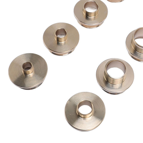 Pro Level Solid Brass Router Jig Bushing Guide Set With Snug Carry Case For Precision Woodworking And Carpentry Projects 11 Piece Kit showing brass bushings.