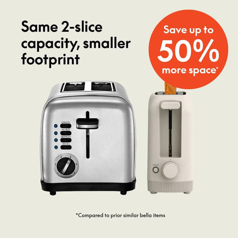 Slick Two Slice Slim Toaster With Hella Long Slots For Versatile Even Heating And A Tight Oat Milk Finish that shows two toasters side by side.
