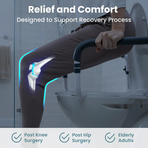 Adjustable Toilet Safety Rail With Rock Solid Stability And Hella Strong Build For Seniors And Elderly Adults Featuring No Fuss Mounting and Smooth Everyday Use In Any Home Bathroom: close-up of senior using toilet rail post-surgery.