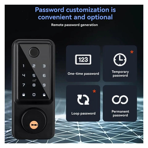 Slick Smart Deadbolt Lock Auto Latch Door Sensor And No Sweat Fingerprint Unlock Bluetooth panel displaying password options.