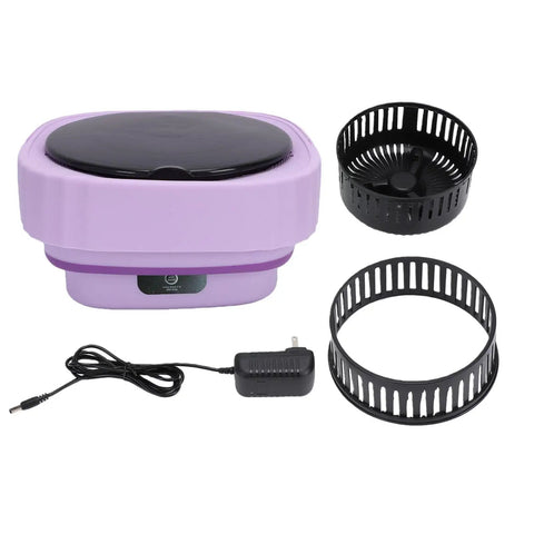 Hassle Free Mini Folding Washing Machine With Quick Ten Or Fifteen Minute Cycles And Hidden Carry Grip, compact, lavender color with accessories.