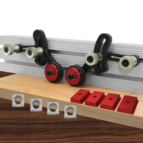 One Way Feeder Stock Guide With Anti Rebound Safety Push Block For Table Saws featuring adjustable miter sliders and red guide blocks.
