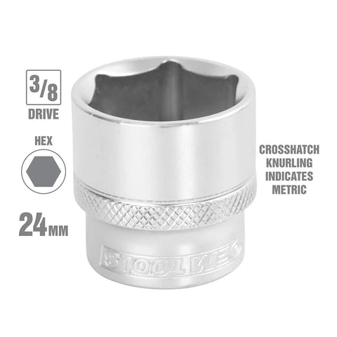 24mm Socket Three Eighths Inch Drive Six Point Thin Wall Built For Tight Spaces Rust Resistant Heavy Duty for auto and home.