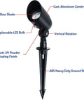 Close-up of Low Voltage 4W LED Landscape Light with black finish, showcasing adjustable rotation, glass shade, and sturdy ground stake.