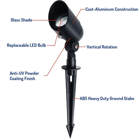 Close-up of Low Voltage 4W LED Landscape Light with black finish, showcasing adjustable rotation, glass shade, and sturdy ground stake.