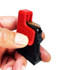 Two Pack Quickie Magazine Loader For CZ And Savage Rifle Magazines, ergonomic speed loader in use, close-up of red loader design