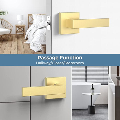 Six Pack Passage Door Knobs And Interior Door Levers In Gold Satin Brass Finish Keyless Closet Door Handles shown in modern interior