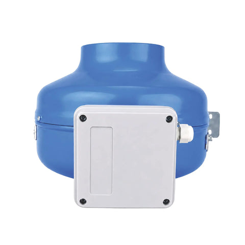 6 Inch Inline Duct Fan With Centrifugal Impeller, Delivers 456 CFM At Zero Static Pressure, 420 CFM At 0.2 In, External Rotor Motor, 152 W, Easy Install With Mounting Brackets And Power Cord., blue inline duct fan with mounting bracket and junction box