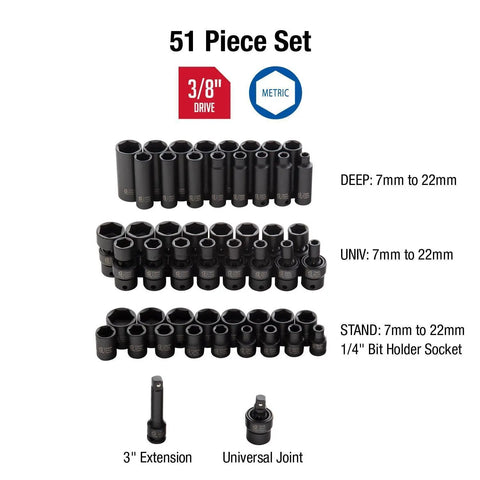 Three Eighth Inch Drive Impact Socket Set, Beefy 51 Piece Metric And SAE Master Kit with Standard, Deep, and Universal Sockets