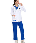 Woman wearing Women's White Lab Coat With 4 Pockets Button Front Long Sleeve Consultation Coat Soft Stretch Fabric Professional Medical Uniform
