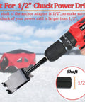 Ice Anchor Power Drill Adapter For Ice Shelters And Tents attached to power drill with 1/2 inch shaft in snow background