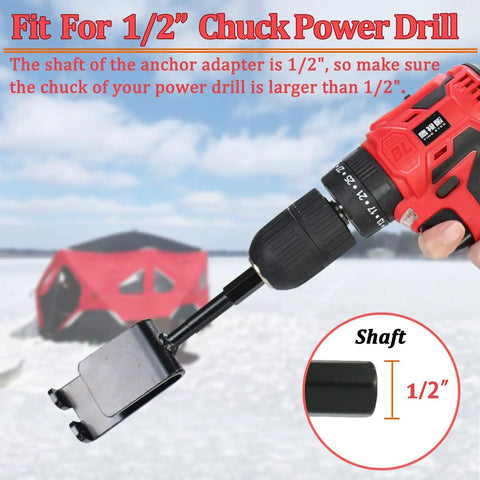 Ice Anchor Power Drill Adapter For Ice Shelters And Tents attached to power drill with 1/2 inch shaft in snow background
