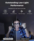 Comparison of low-light performance showing a user with headset using Battle Tested 1080P 100FPS Webcam For PC Equipped With Reliable AI Auto Focus And Smooth PTZ Streaming Controls That Keep Your Shot Clean During Heavy Gaming Streams Or Professional Meetings.