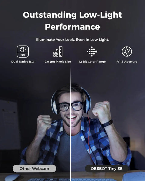 Comparison of low-light performance showing a user with headset using Battle Tested 1080P 100FPS Webcam For PC Equipped With Reliable AI Auto Focus And Smooth PTZ Streaming Controls That Keep Your Shot Clean During Heavy Gaming Streams Or Professional Meetings.