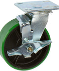 Beefy Four Inch Cast Iron Caster Set With Swivel Top Lock Brake Wheels Green Non Marking Solid Wheel Heavy Duty 2800 Lbs