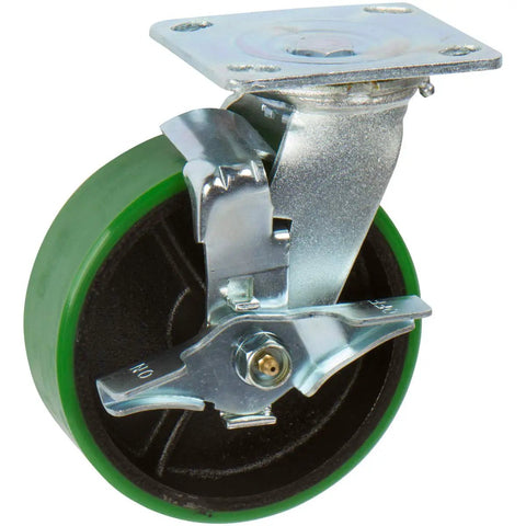 Beefy Four Inch Cast Iron Caster Set With Swivel Top Lock Brake Wheels Green Non Marking Solid Wheel Heavy Duty 2800 Lbs