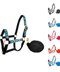 Patterned Nylon Mini Horse Halter Set With Padded Noseband And Matching 7 Foot Soft Grip Lead Rope Ultra Durable Brass Hardware