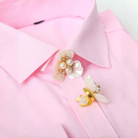 Shell Pearl Flower Cufflinks And Shirt Sleeve Button Covers, Boss Level Shine In Elegant Alloy Electroplated Finish, Gardenia Inspired Purple Pearl Gold Look, Luxury Dress Shirt Jewelry For A Sharp Modern Style on pink shirt
