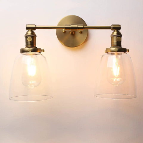 Two Light Wall Sconce With Switch Vintage Industrial Brushed Metal Fixture 5.6 Inch Bell Glass Canopy Retro Farmhouse Dual Lamp