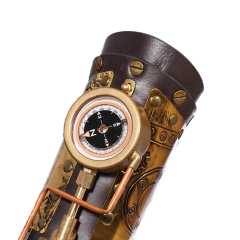 Close-up of Badass Steampunk Arm Sleeve With Glowing Mechanical Compass and Vintage Gears crafted from PU leather.