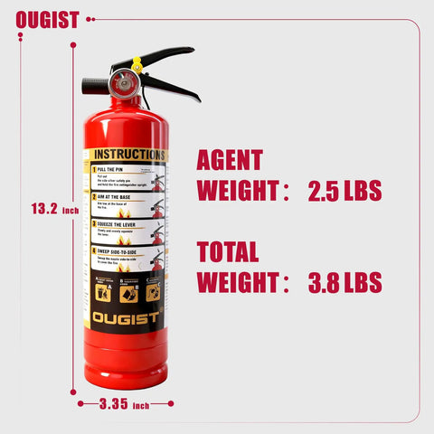 ABC Fire Extinguisher For Home And Vehicle, Two And A Half Pound Compact Fire Extinguisher For Kitchen, Garage, Truck, Car, Boat, Pro Safety Grade, Red Two Pack showing instructions and dimensions