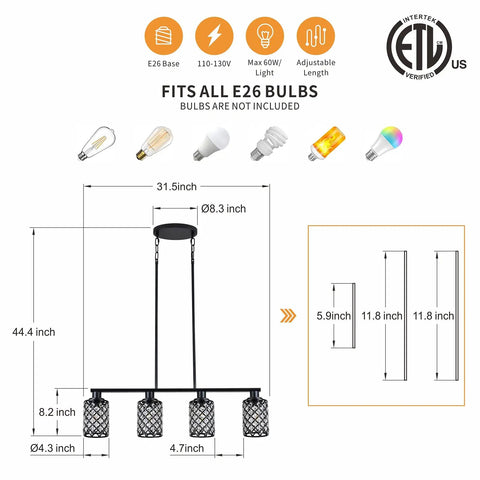4 Light Linear Pendant Chandelier For Kitchen Island With K9 Crystal And Black Grid Shade dimensions and bulb sizes
