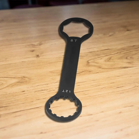 Front Fork Cap Wrench Tool For SR Suntour XCR XCT XCM RST Suspension Forks, aluminum alloy, displayed on wood surface